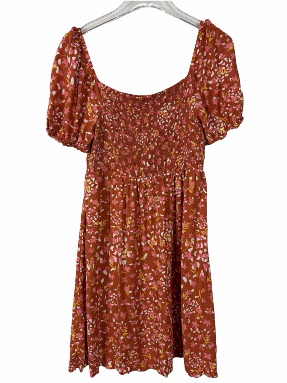 Roxy Floral Smocked Puff Sleeve Mini Dress Brown Pink Size Large